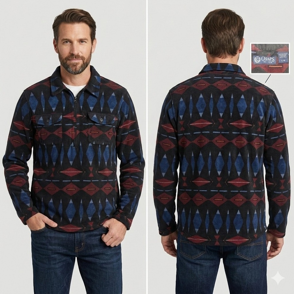 Chaps Men's Large Fleece 1/4 Zip Pullover Jacket Aztec Geometric Southwest Blue